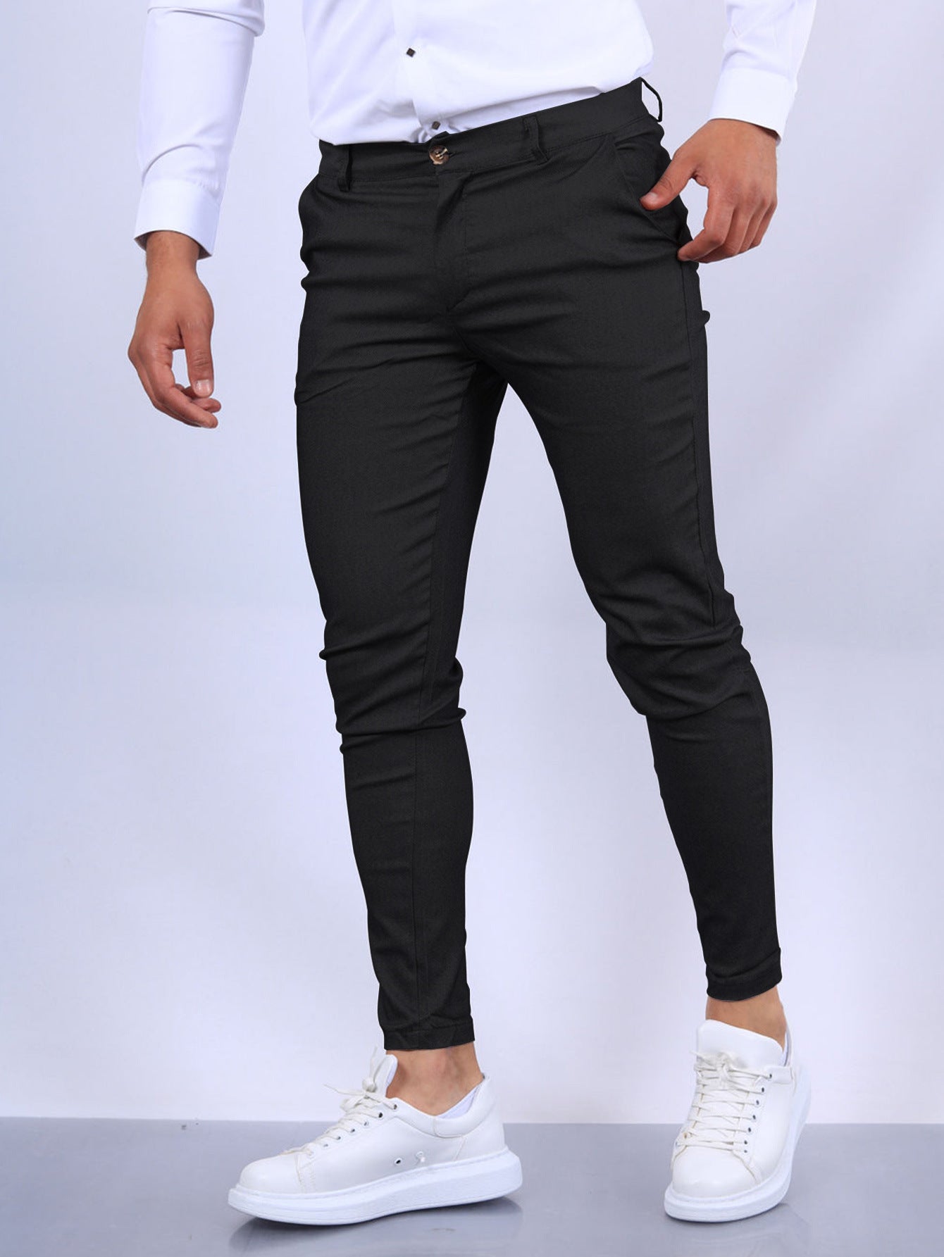 Men's Slim Button Trousers Fashion Solid Office Versatile Long PencilAir Conditioner