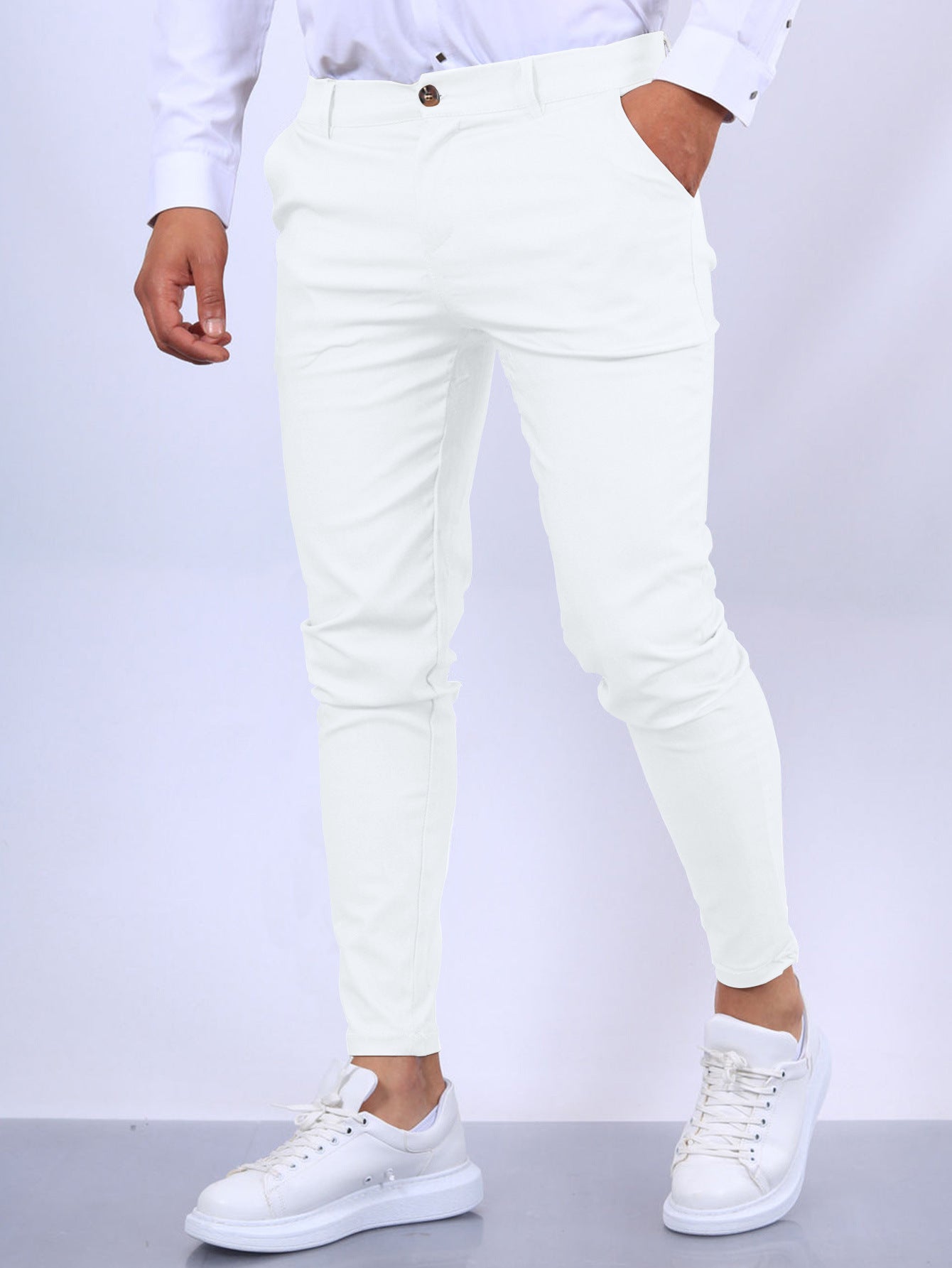 Men's Slim Button Trousers Fashion Solid Office Versatile Long PencilAir Conditioner