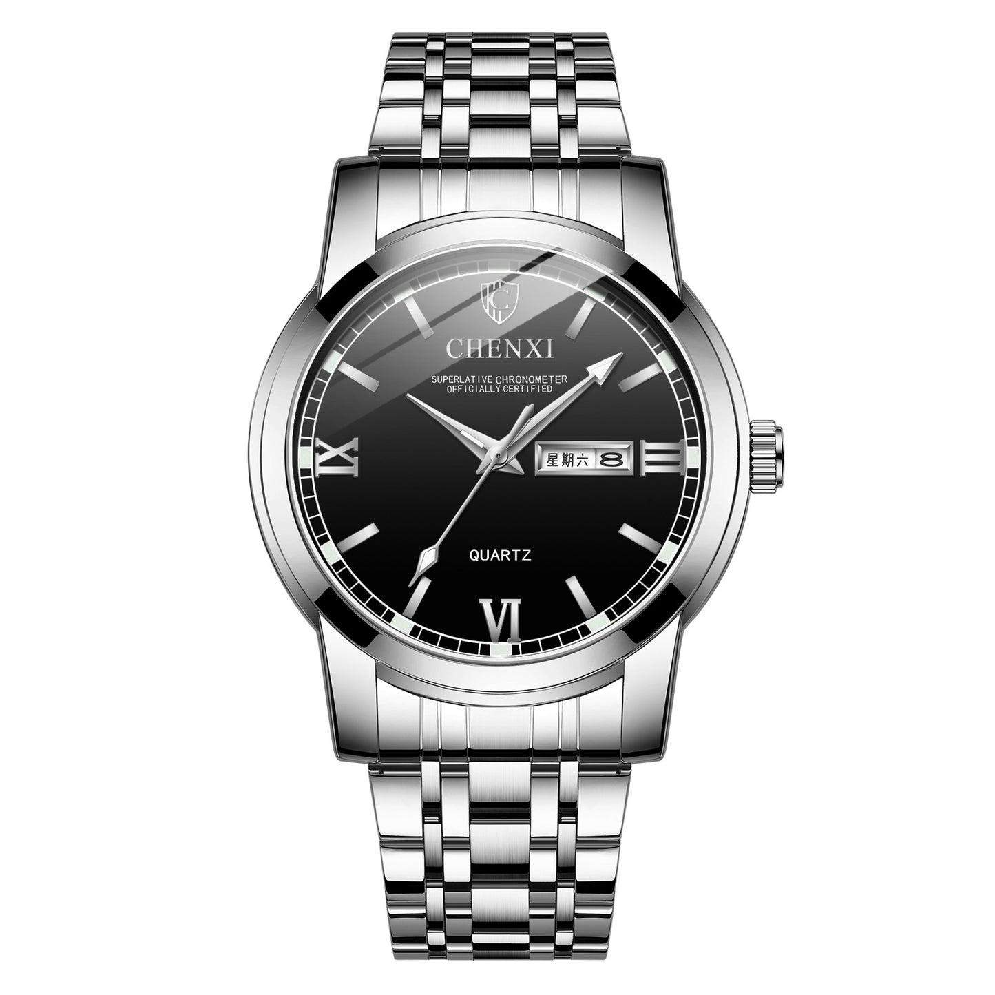 Double Calendar Luminous Waterproof Steel Belt Positive Watch