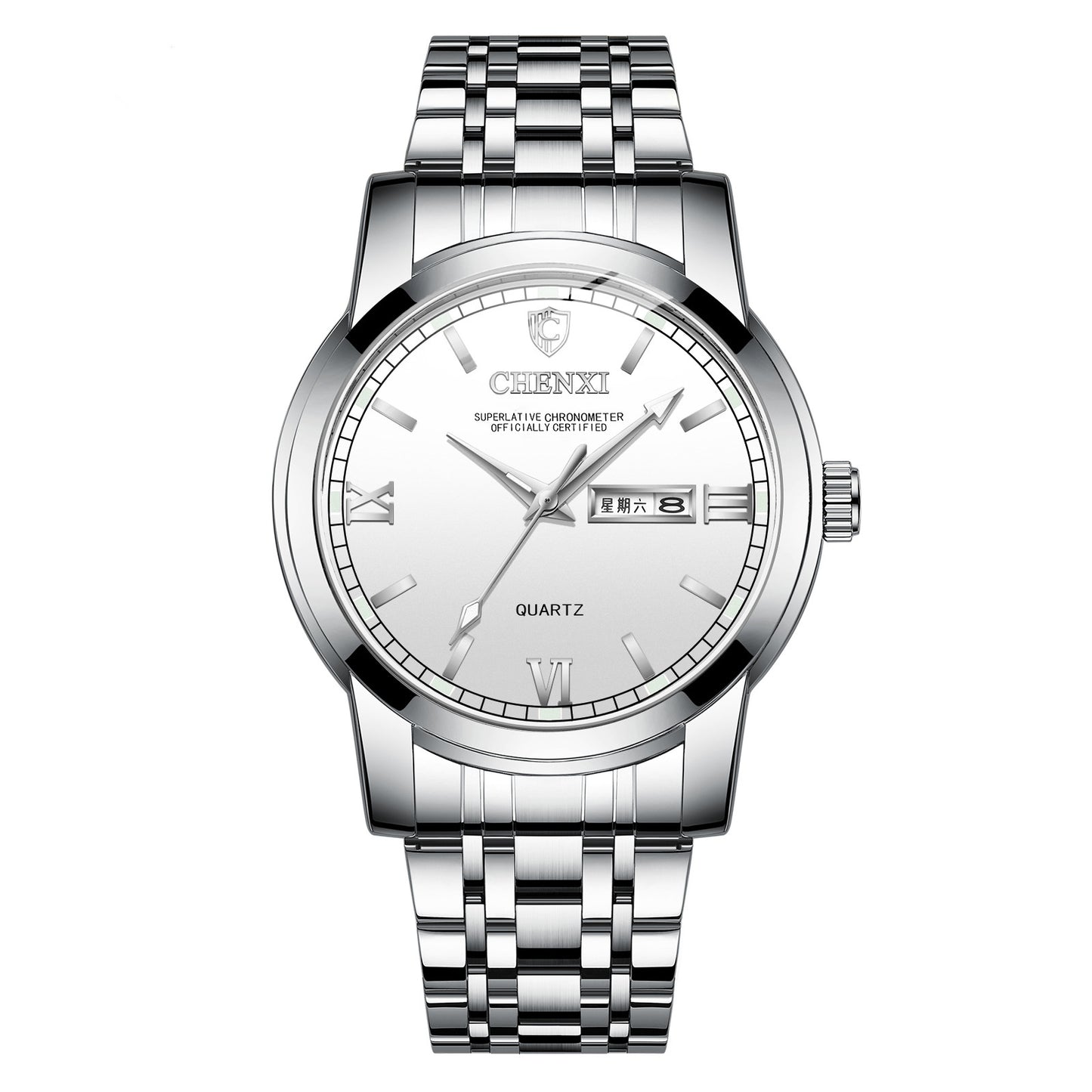 Double Calendar Luminous Waterproof Steel Belt Positive Watch