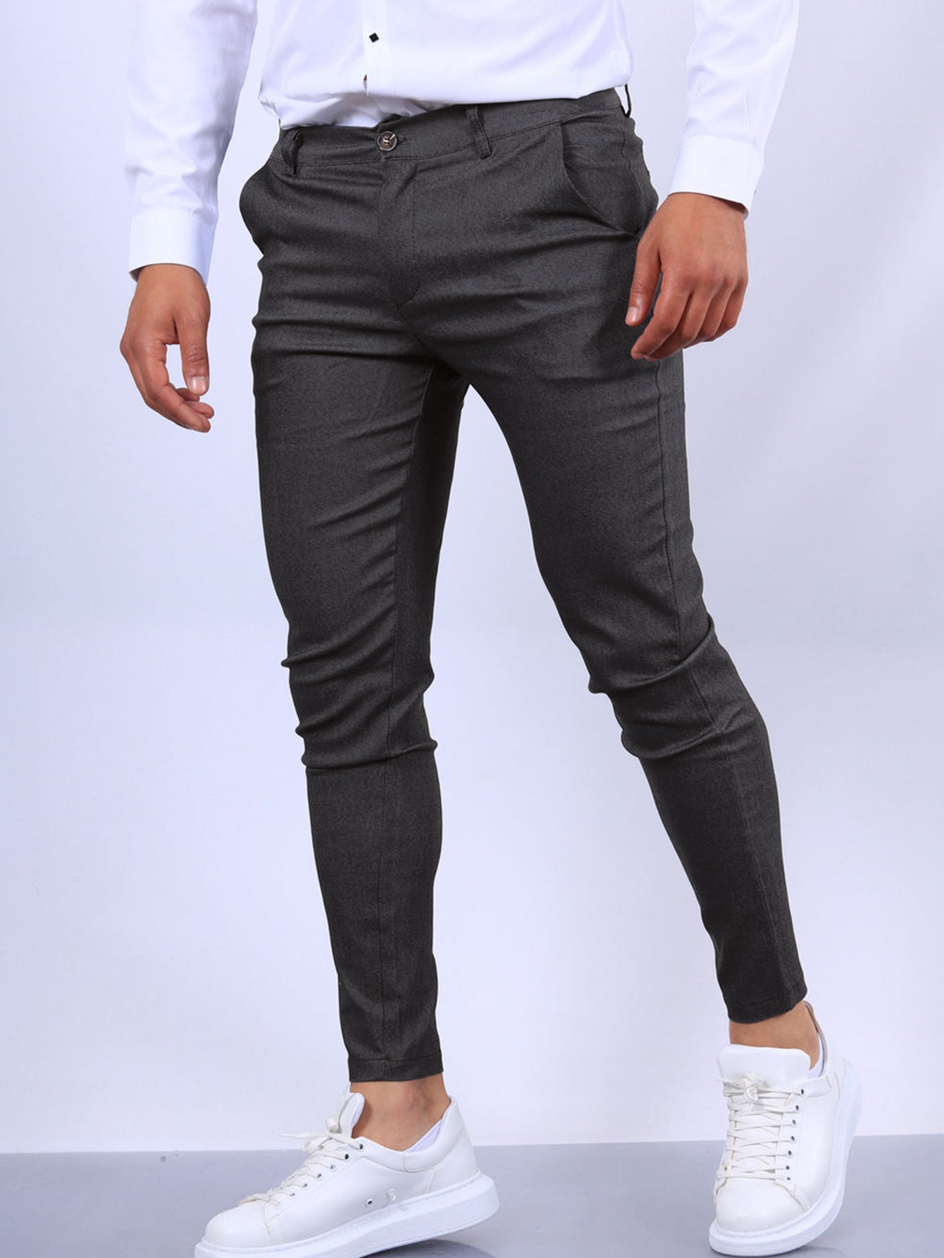 Men's Slim Button Trousers Fashion Solid Office Versatile Long PencilAir Conditioner