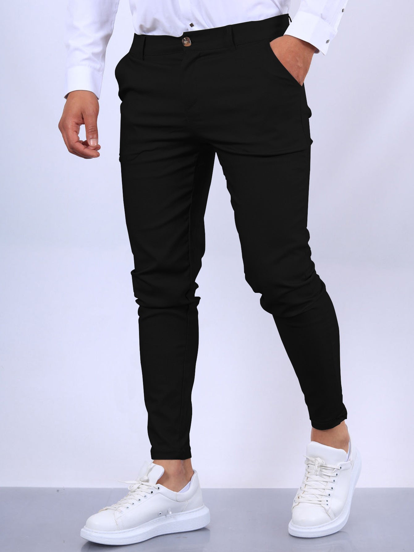Men's Slim Button Trousers Fashion Solid Office Versatile Long PencilAir Conditioner