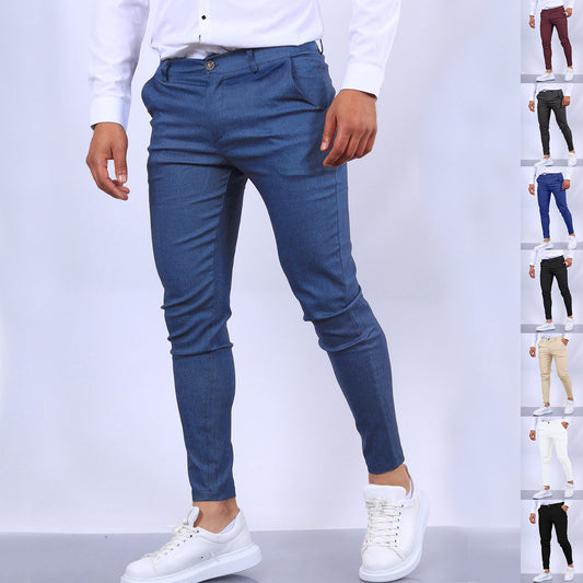 Men's Slim Button Trousers Fashion Solid Office Versatile Long PencilAir Conditioner