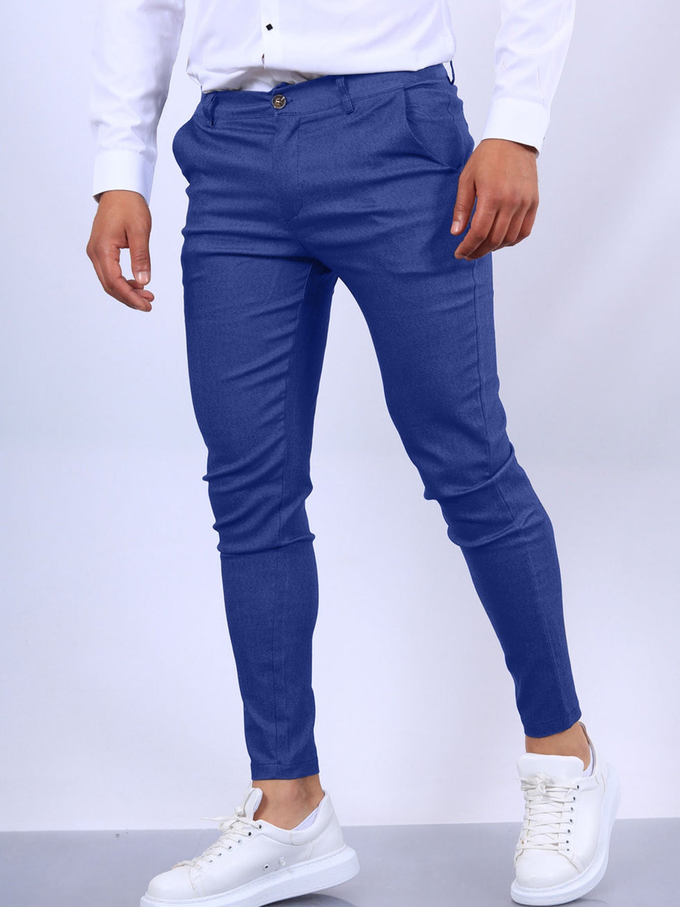 Men's Slim Button Trousers Fashion Solid Office Versatile Long PencilAir Conditioner