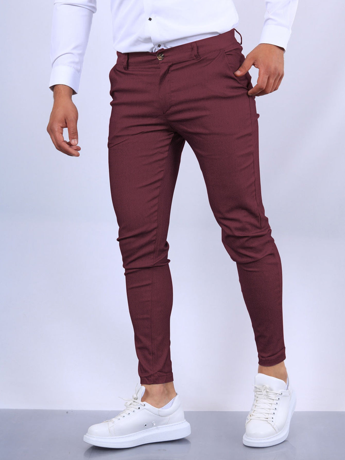Men's Slim Button Trousers Fashion Solid Office Versatile Long PencilAir Conditioner
